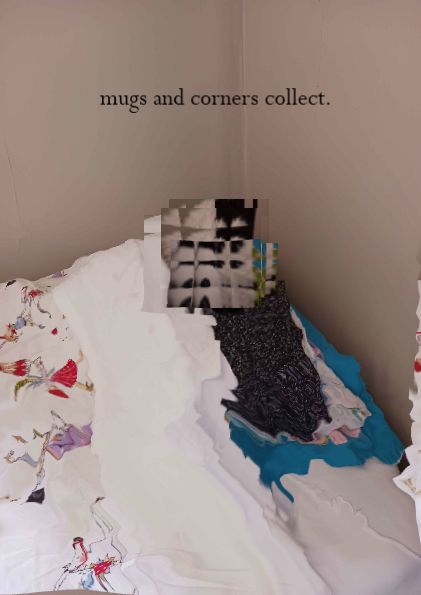 Page 2 of Secondary Prophecies zine, showing a photo of a fractal panda plushie, tucked into bed. Text reads 'mugs and corners collect'.