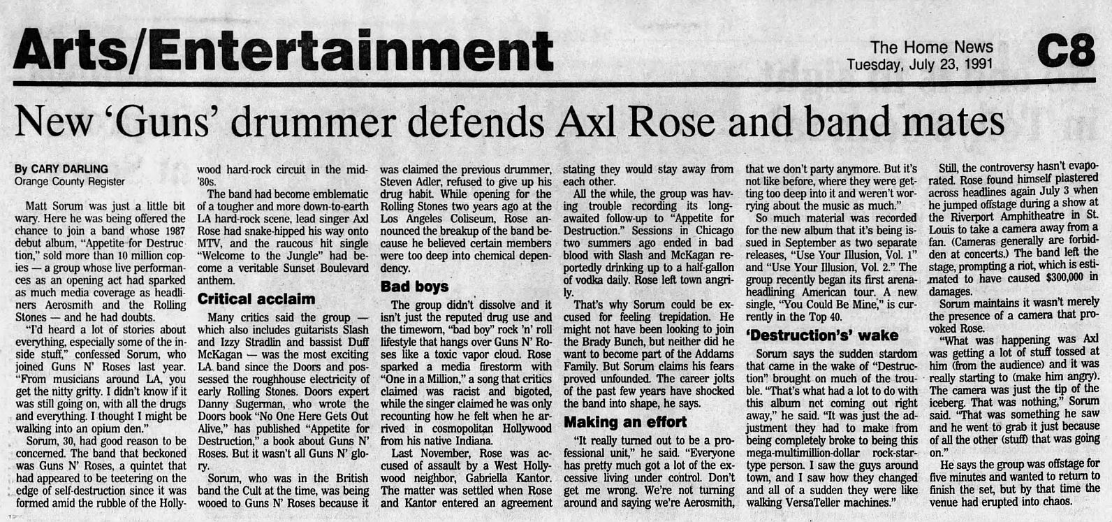 1991.07.23 - The Home News/Orange County Register - New 'Guns' Drummer Defends Axl Rose (Matt) 1YIPFWPF_o