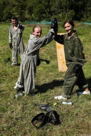 Paintball players Lady Bug & Heather Harris get involved in an outdoor 3some