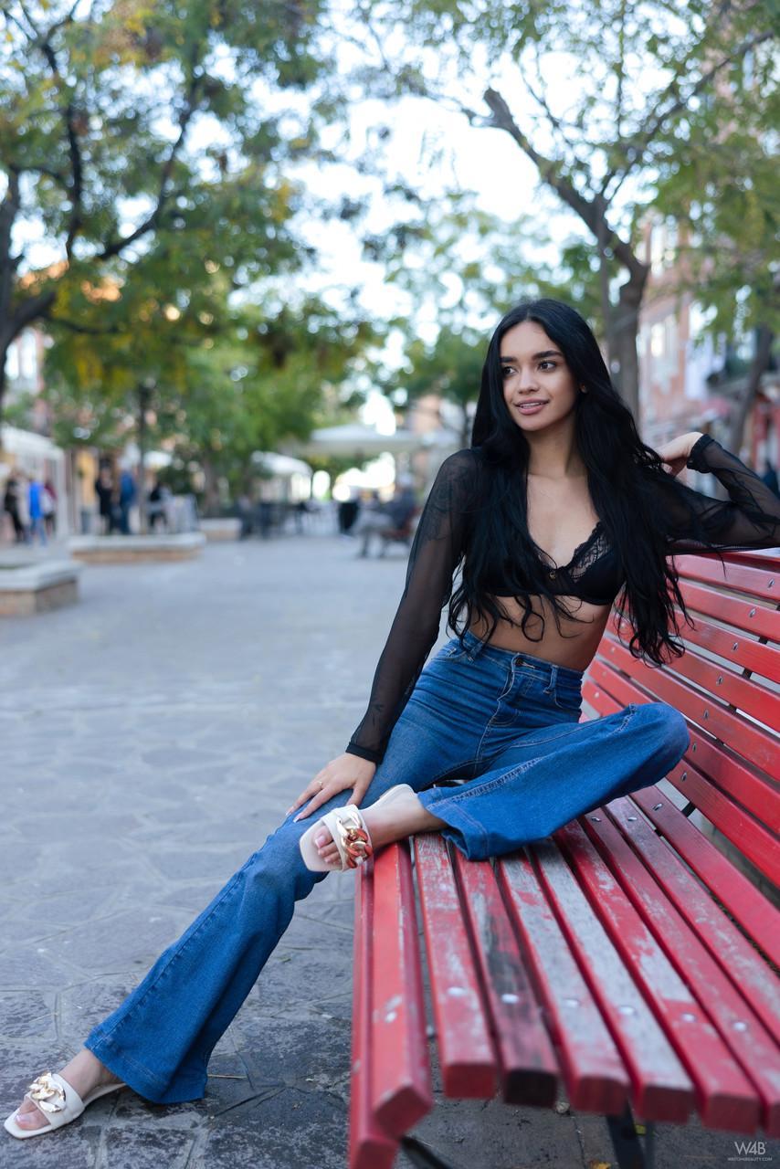 Sexy Latina teen Dulce poses in her lace bra, top and blue jeans in public(3)