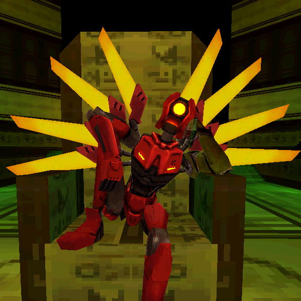 An image of V2, a red robot, from ultrakill. It is sitting on a chair, its left leg propped up on the seat, while leaning to the side on its hand, in an unbothered manner.