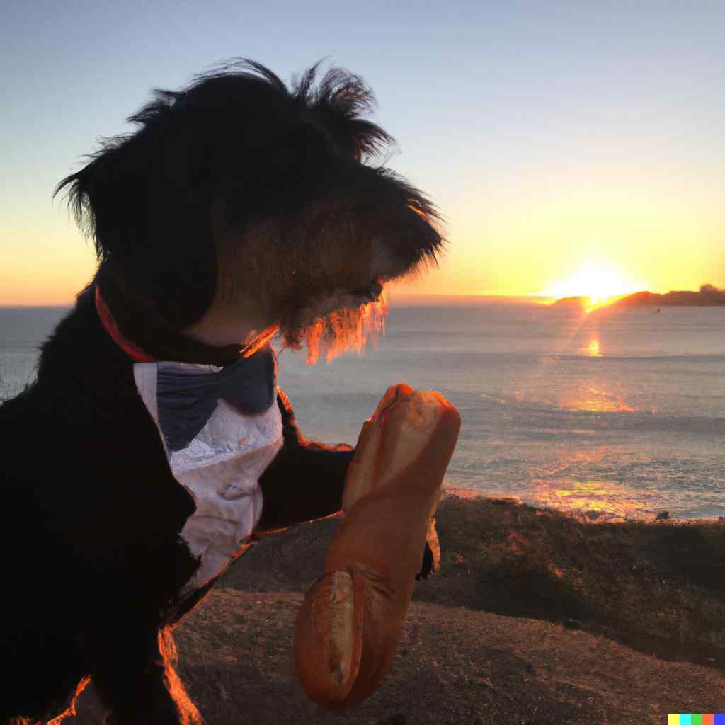 dog in a tuxedo eating a french loaf while watching the sun set over the ocean