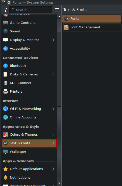 screenshot of settings to fonts