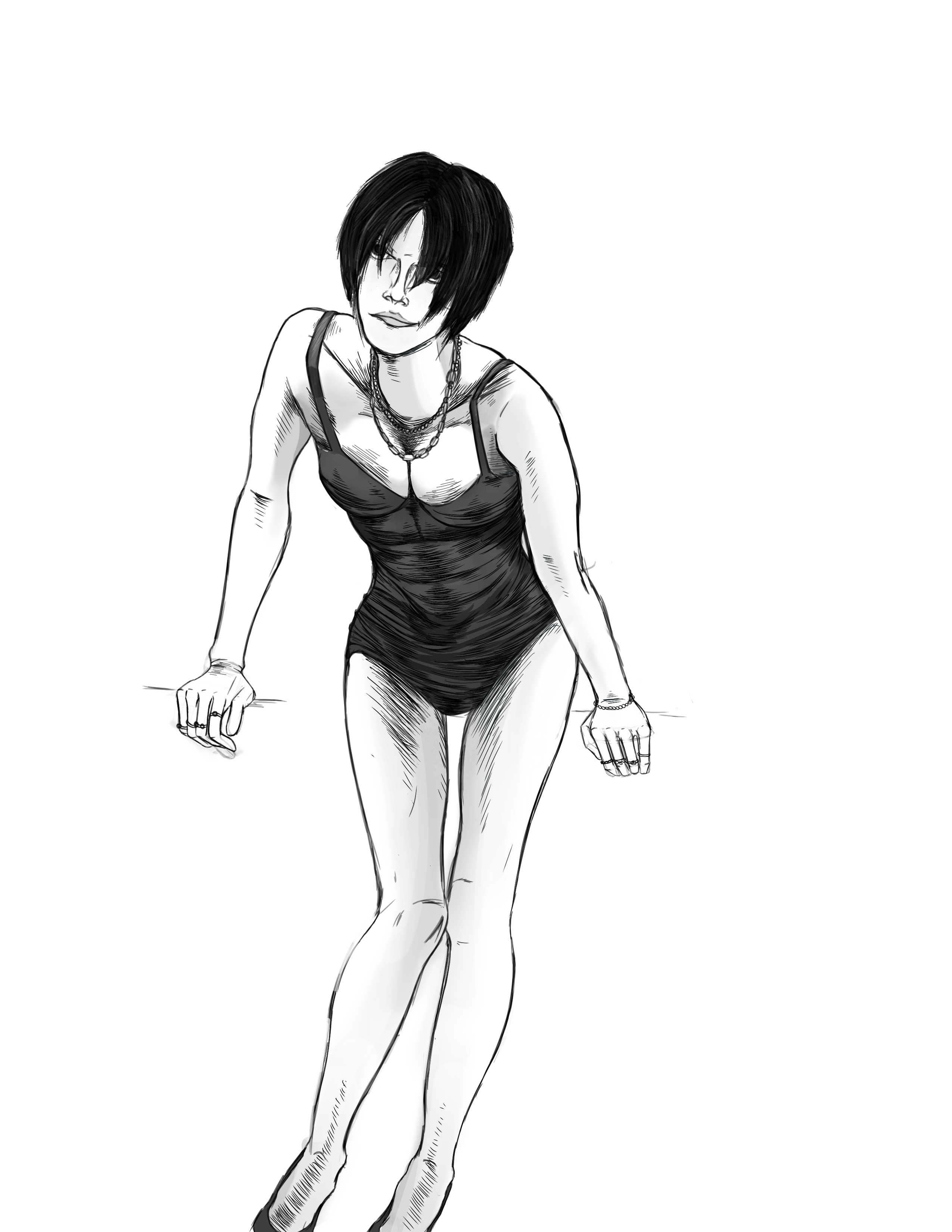Female rendered in shades of black, white, and grey