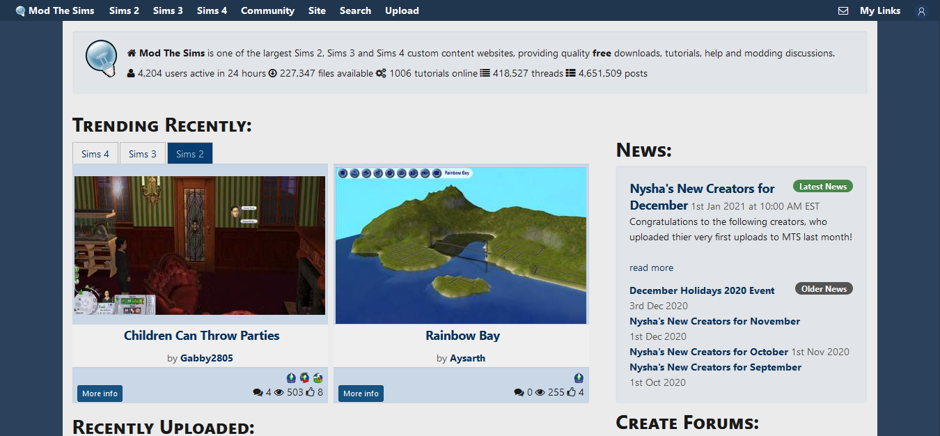 screenshot of mod the sims homepage