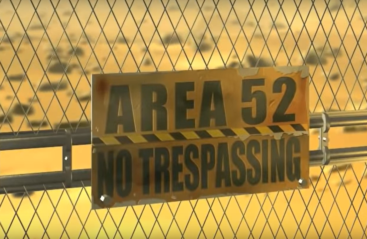 a sign with the text 'Area 52. No trespassing.'