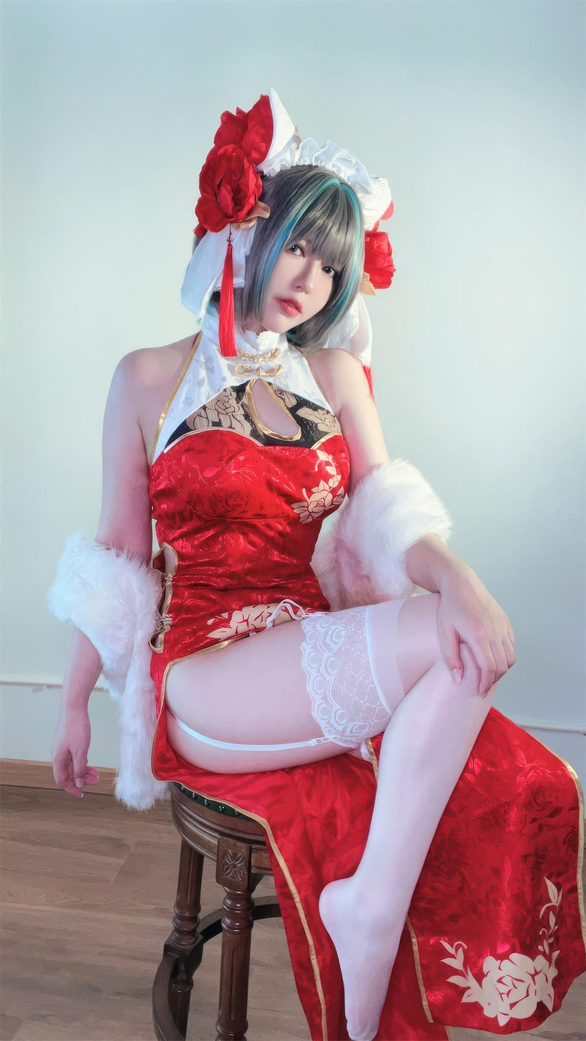 Cosplay 半半子Banbanko 柴郡中华娘旗袍(44)