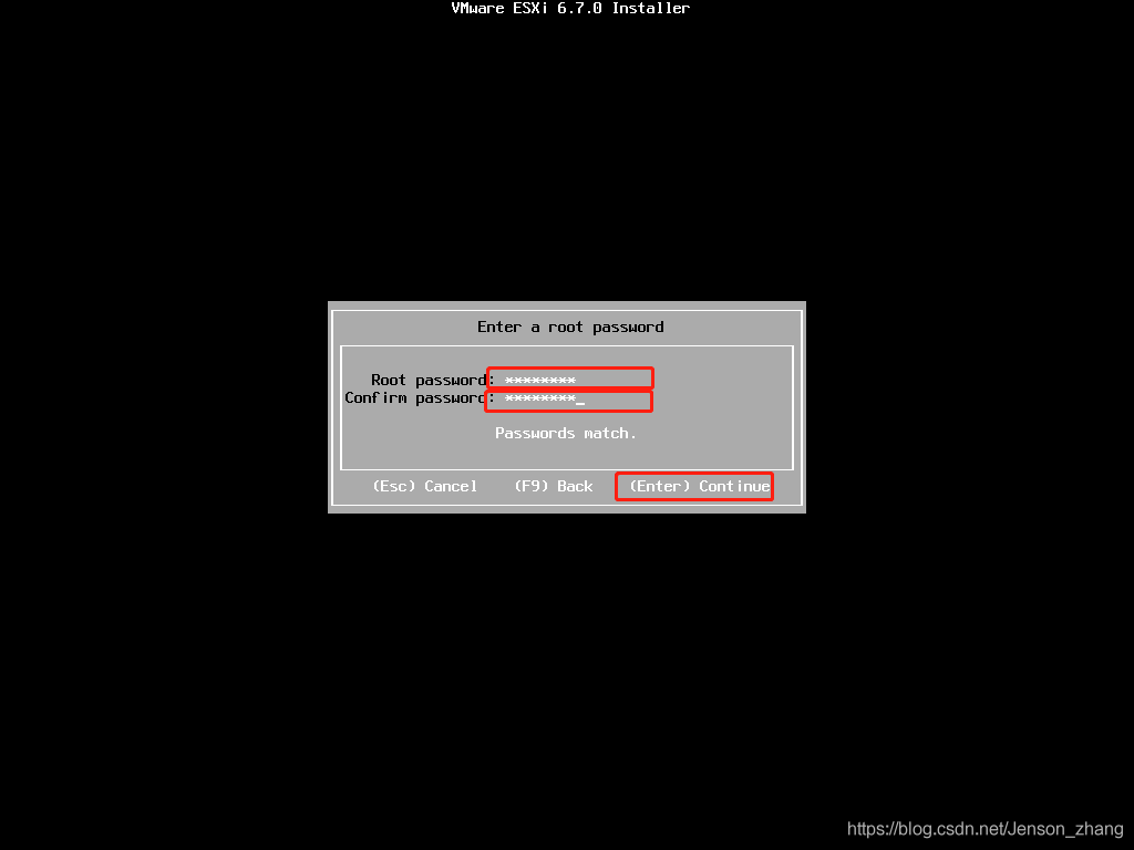 设置ESXI 系统管理员密码，需输入两次校验，然后按回车“Enter”继续即可