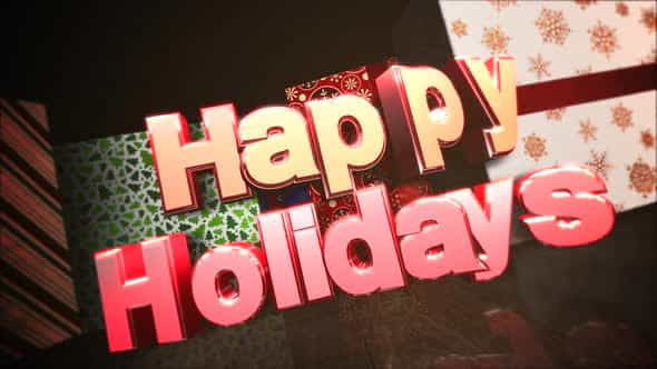 Animated closeup Happy Holidays text, gift boxes in room, wood background | Events - VideoHive 29319195