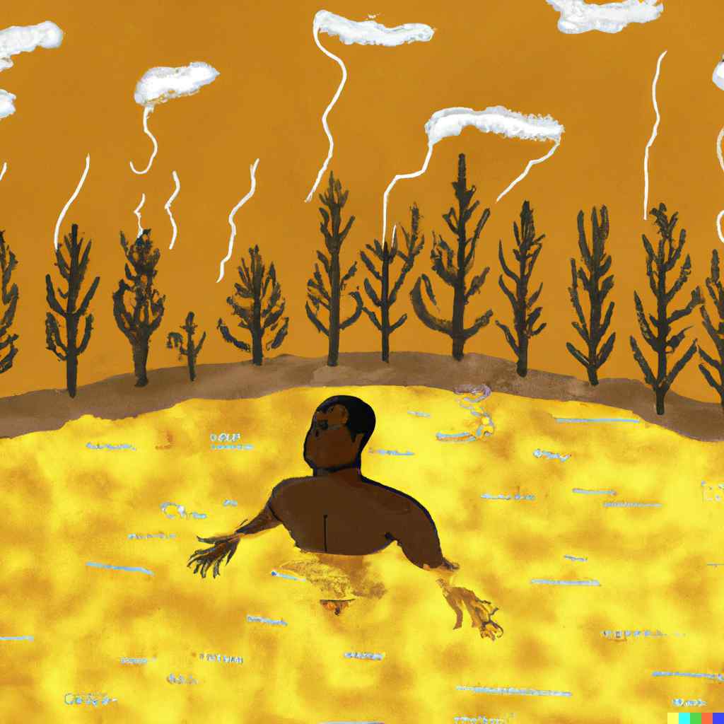 a man swimming in a pool of gold surrounded by a burned forest