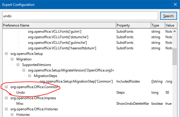 screenshot of LO expert config with undo memory entries highlighted