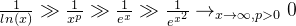\frac{1}{ln(x)} \gg \frac{1}{x^p} \gg \frac{1}{ e^x} \gg\frac{1}{ e^{x^2} }\rightarrow_{x\rightarrow \infty, p>0} 0