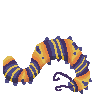 Caterpillar with purple, orange, and yellow stripes and purple spots.