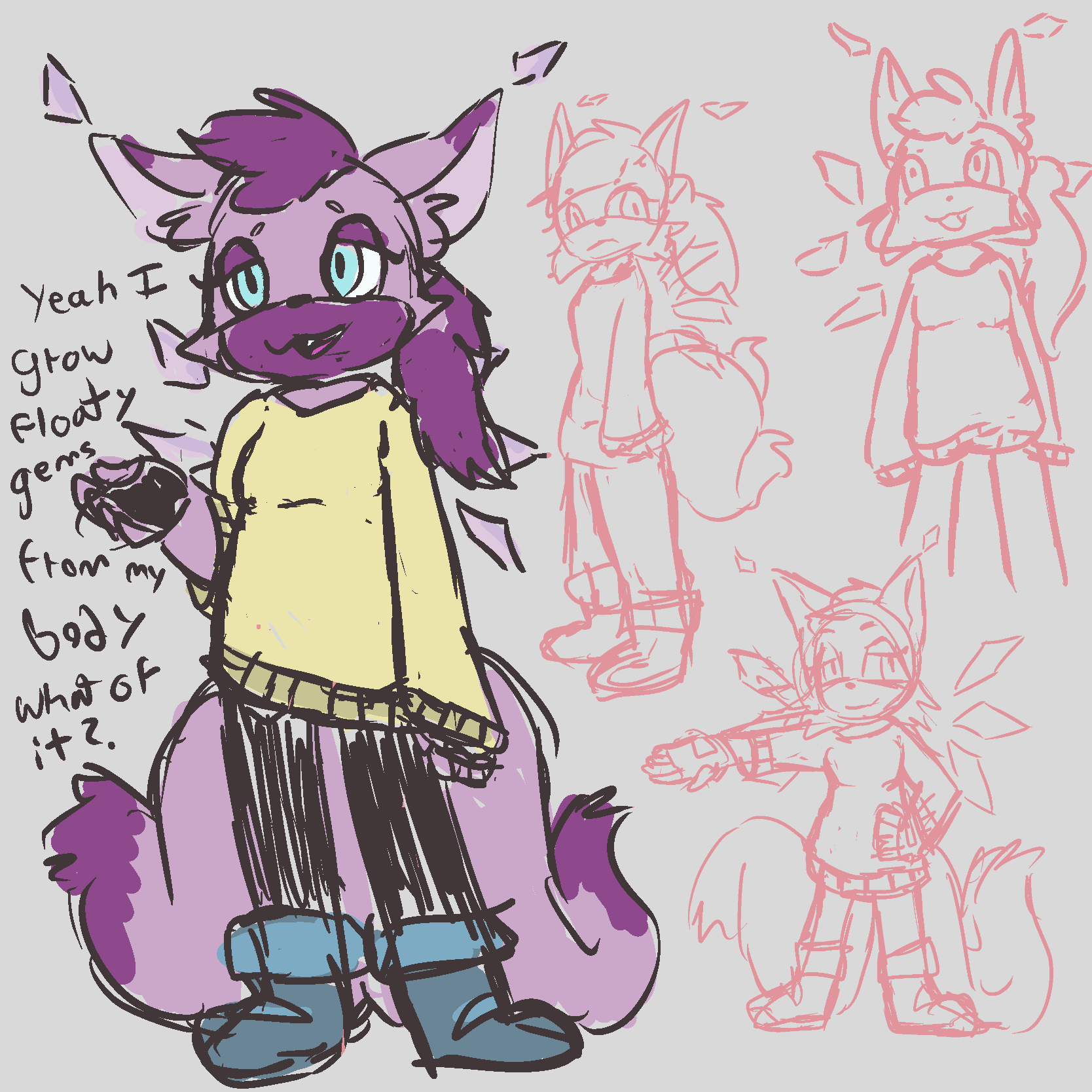 Multiple sketches, only one colored, of a purple mobian fox with gemstones that float above her ears and in a winglike pattern at her back. In the colored image she wears a red sweater, black legings, fingerless gloves, and blue boots.
