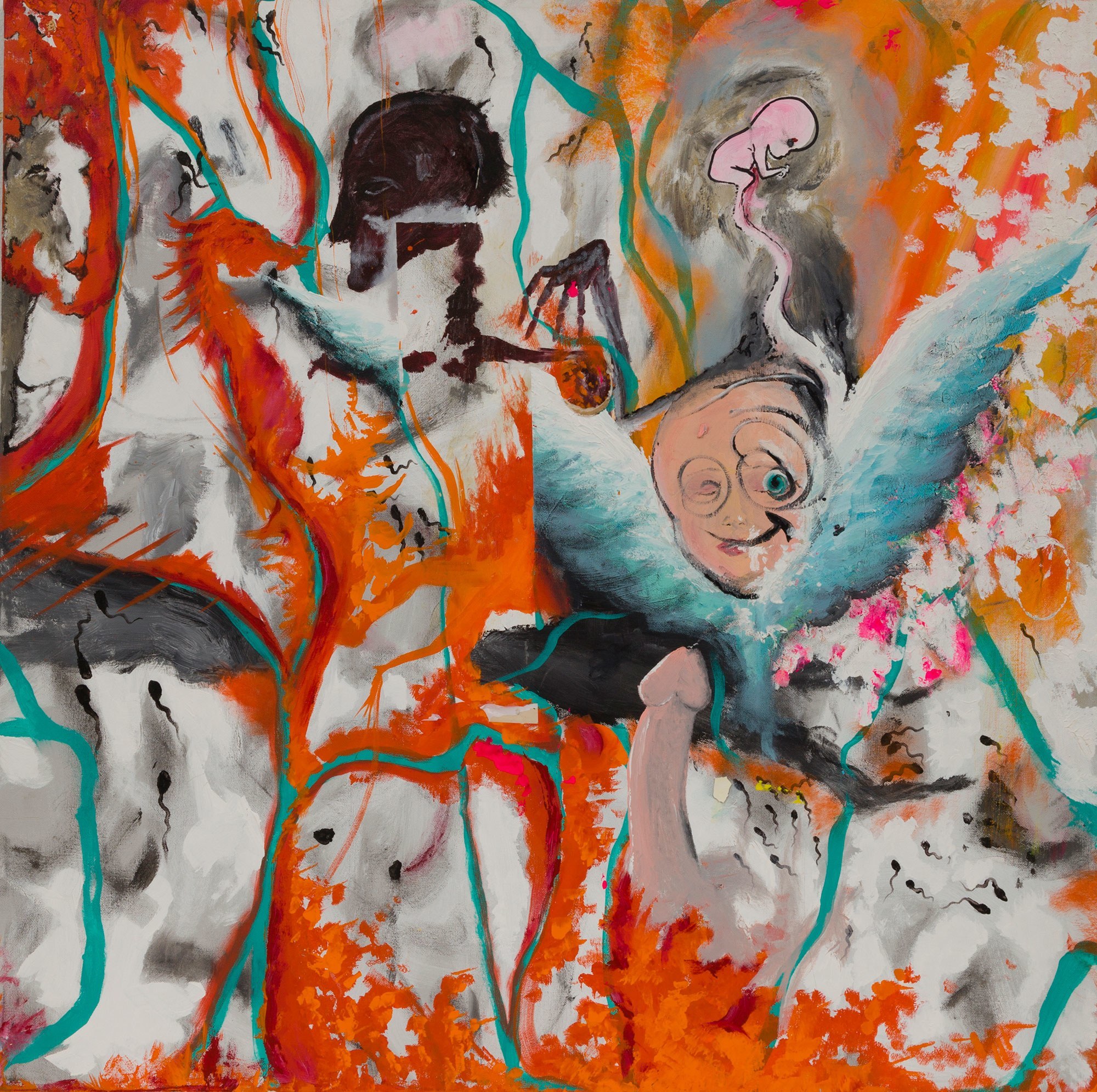 Warning: disturbing subject matter (child abuse). This painting is a complex, partially abstract image with many colours, prominently white, orange, grey, and teal. Different images pop out of the mess of colours, including a seahorse, sperm cells, a very tiny human face in the upper left corner, a skeletal-looking male head in profile with a skeletal claw-like hand, a fetus with umbilical cord, an erect penis, and once again, the child with the strange smile and one open blue eye circled in black. The child has blue wings and the penis is aimed at the child's face, which appears to have semen on it.