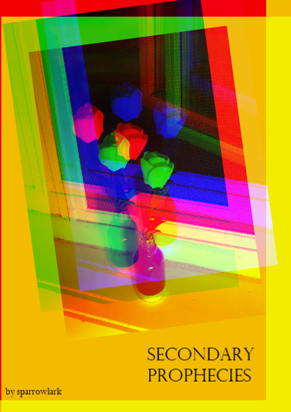 Cover of the zine Secondary Prophecies by sparrowlark. Photo of flowers in front of dark window, RGB shifted over orange background.