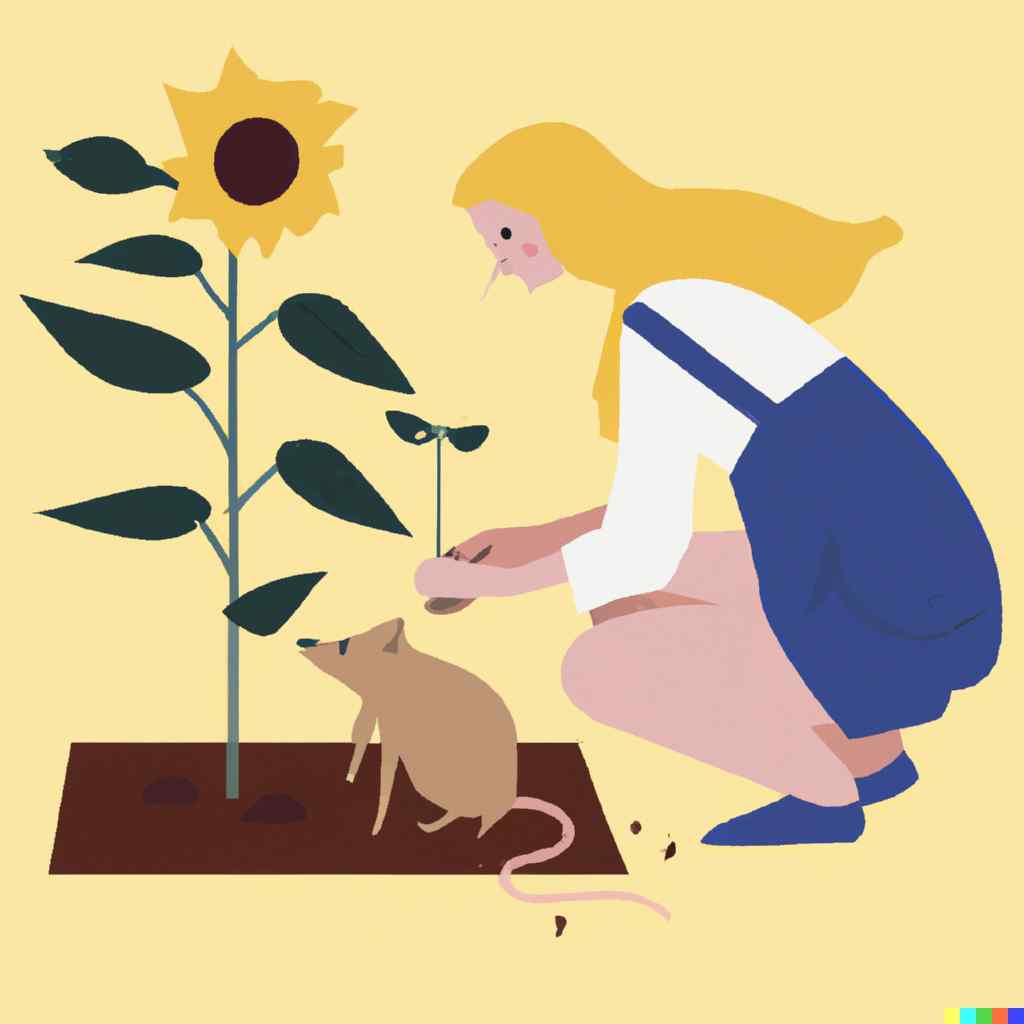 flat animation of a blond woman planting a sunflower with a rat companion