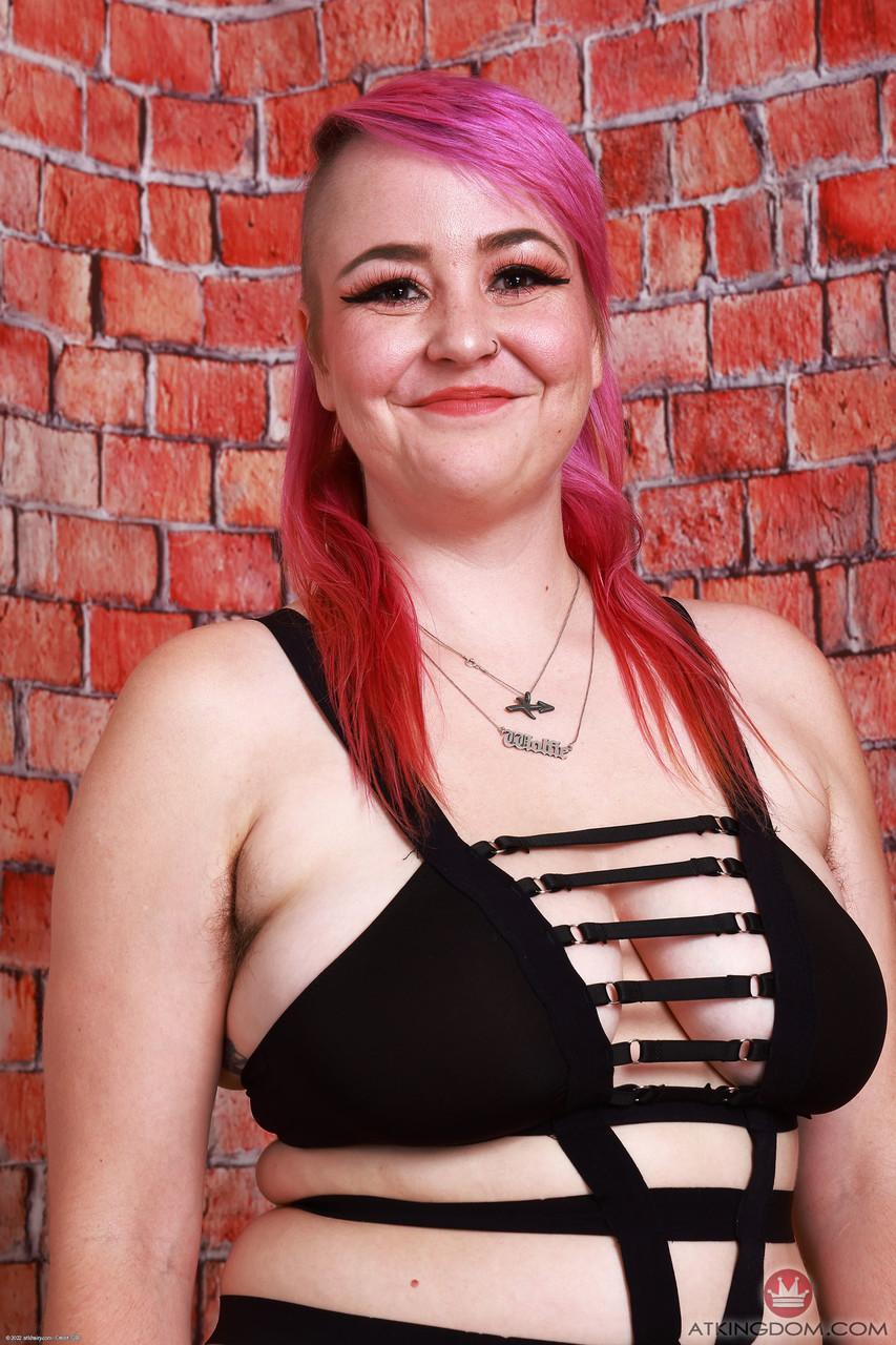 Pink-haired fatty Bratty Wolfie strips & shows her big tits & hairy holes(1)