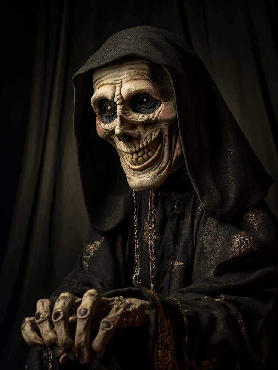 The Stranger. A puppet depicting a grinning Death, wearing a black cloak.