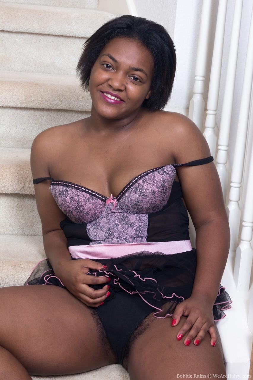 Sexy ebony fatty Bobbie Rains sheds elegant lingerie to show hot hairy snatch(6)