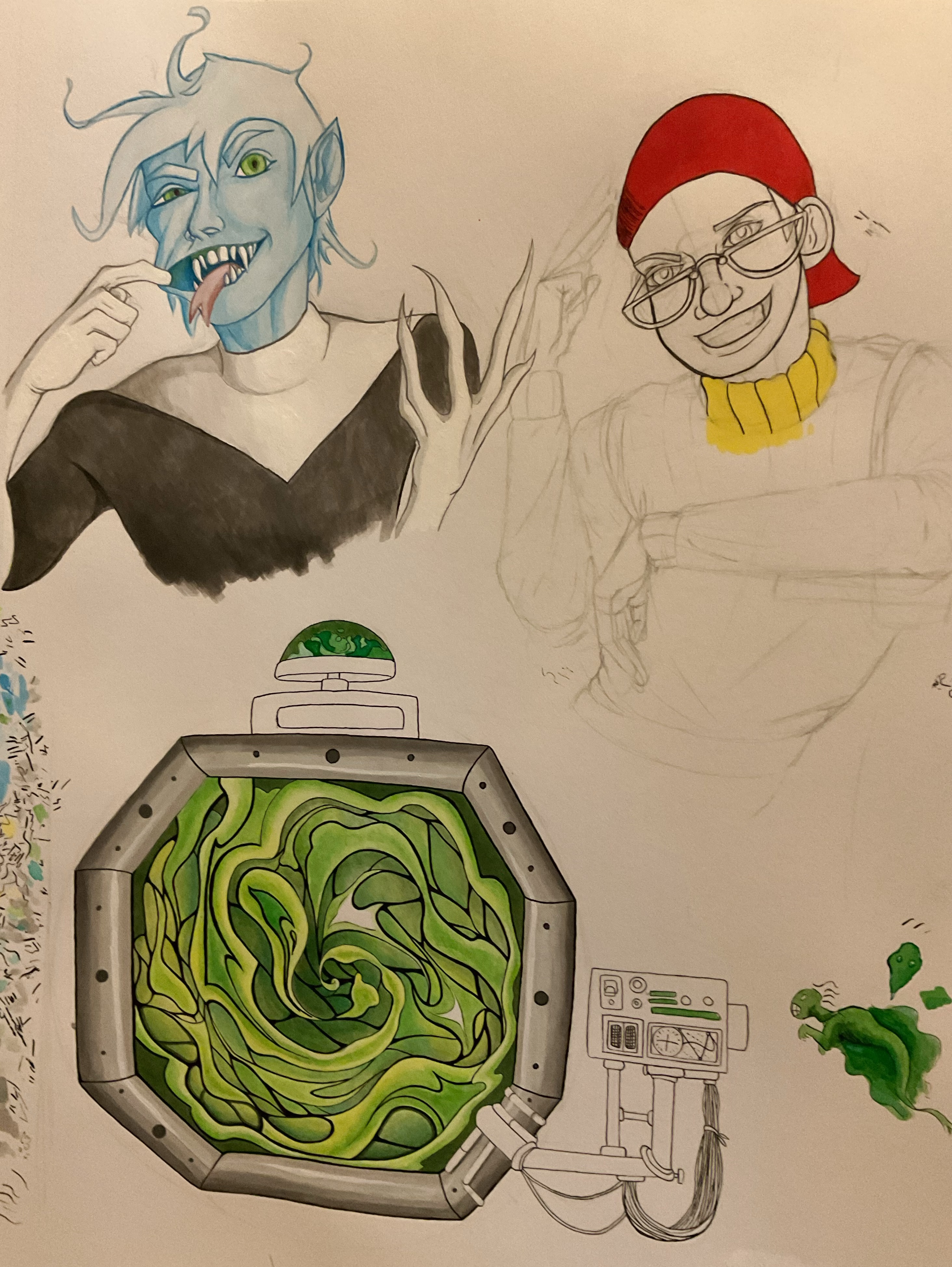 mixed sketch of Danny, Tucker, a ghost portal, and some generic ghost doodles off to the side