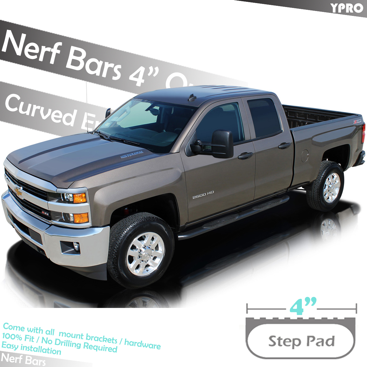 Fits 2005-2019 Toyota Tacoma Double Cab 4/" Black Curved Running Boards Nerf Bars