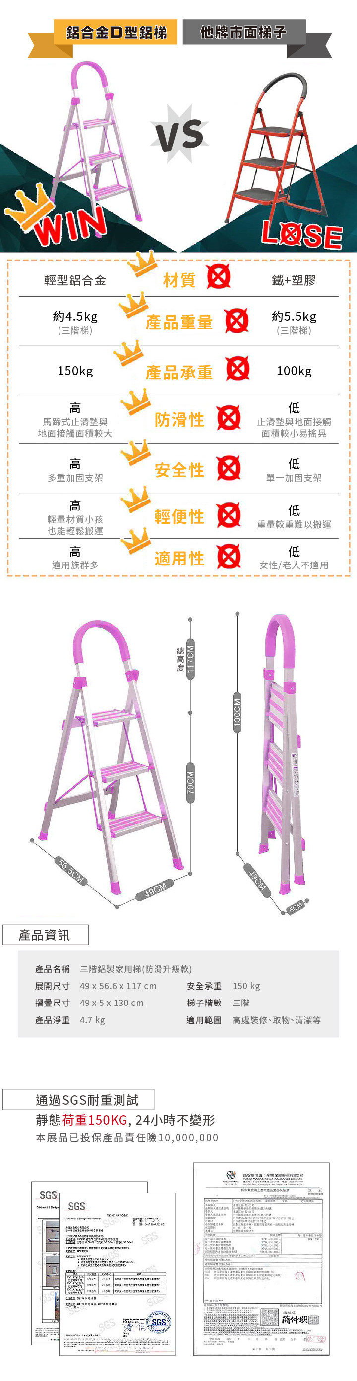 【止滑款 3階D型鋁梯】三階梯 防滑 止滑加強型 摺疊梯 人字梯 梯子 家用梯 A字梯 鋁製梯