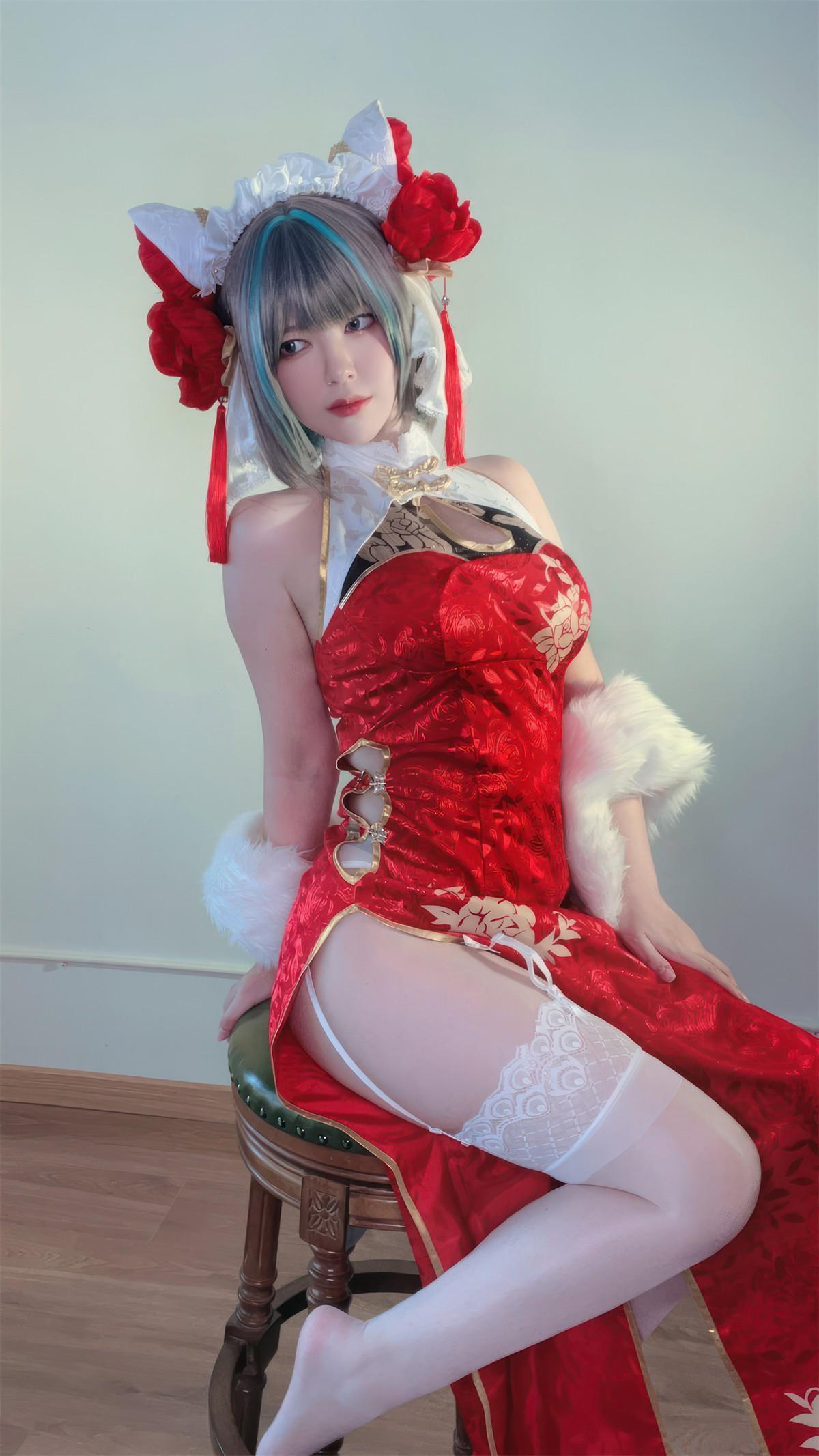 Cosplay 半半子Banbanko 柴郡中华娘旗袍(43)