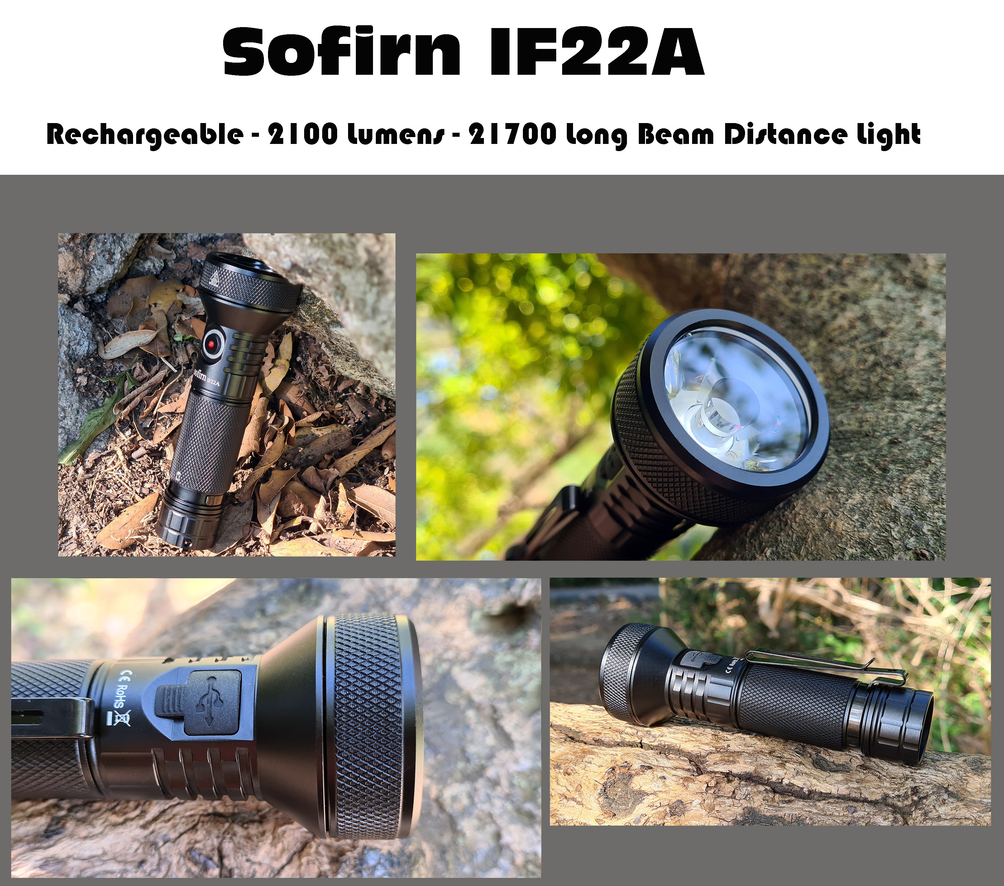 Sofirn IF22A Rechargeable EDC Flashlight Spotlight, Powerful SFT40 LED Max 2100 Lumens, Long Beam Distance Light IF22A with 21700 battery-Black-China