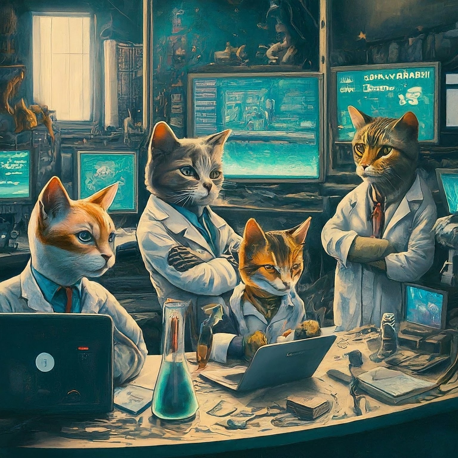 Imagem de gatos doutores usando computadores