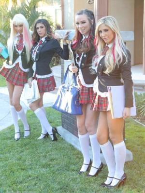 Busty blonde schoolgirl Tasha Reign and her friends strip and pose together