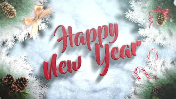 Animated closeup Happy New Year text, green tree branches and toys on snow background | Events - VideoHive 29540172