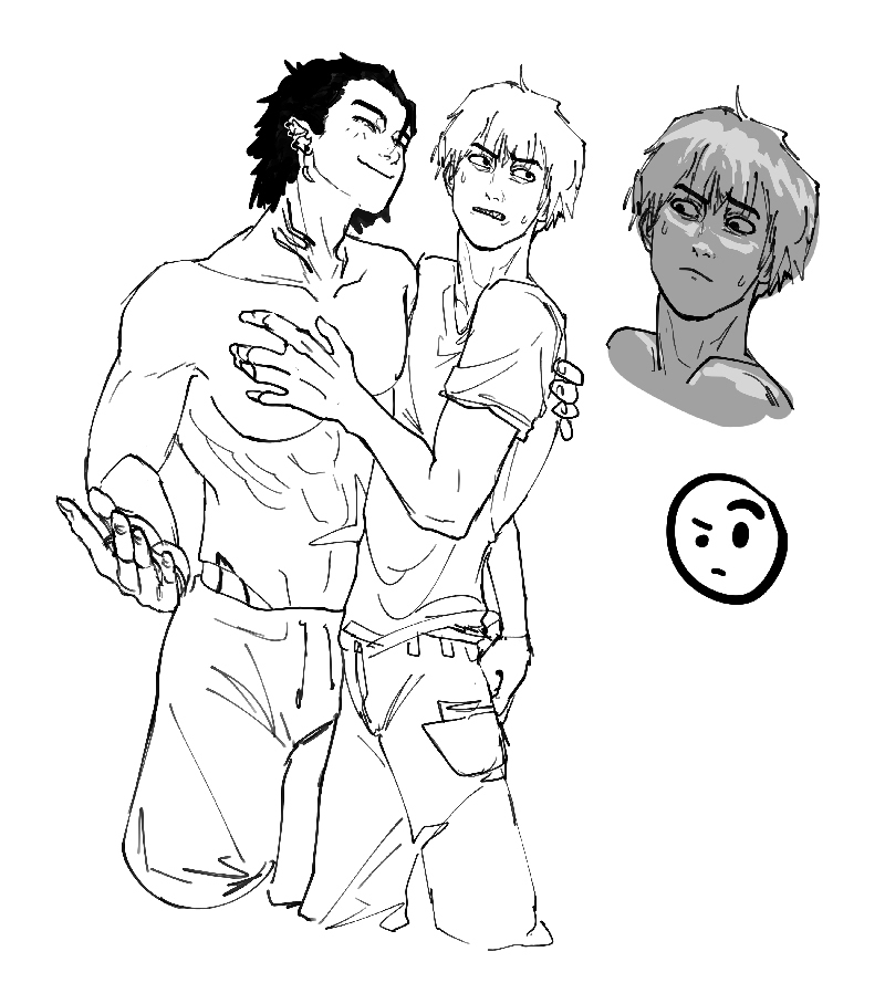 Illustration by uri of Denji putting his hand on Beam’s chest as described in the paragraph above.
