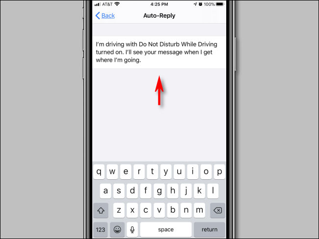 Enter Auto-Reply message in "Do Not Disturb" settings on iPhone.