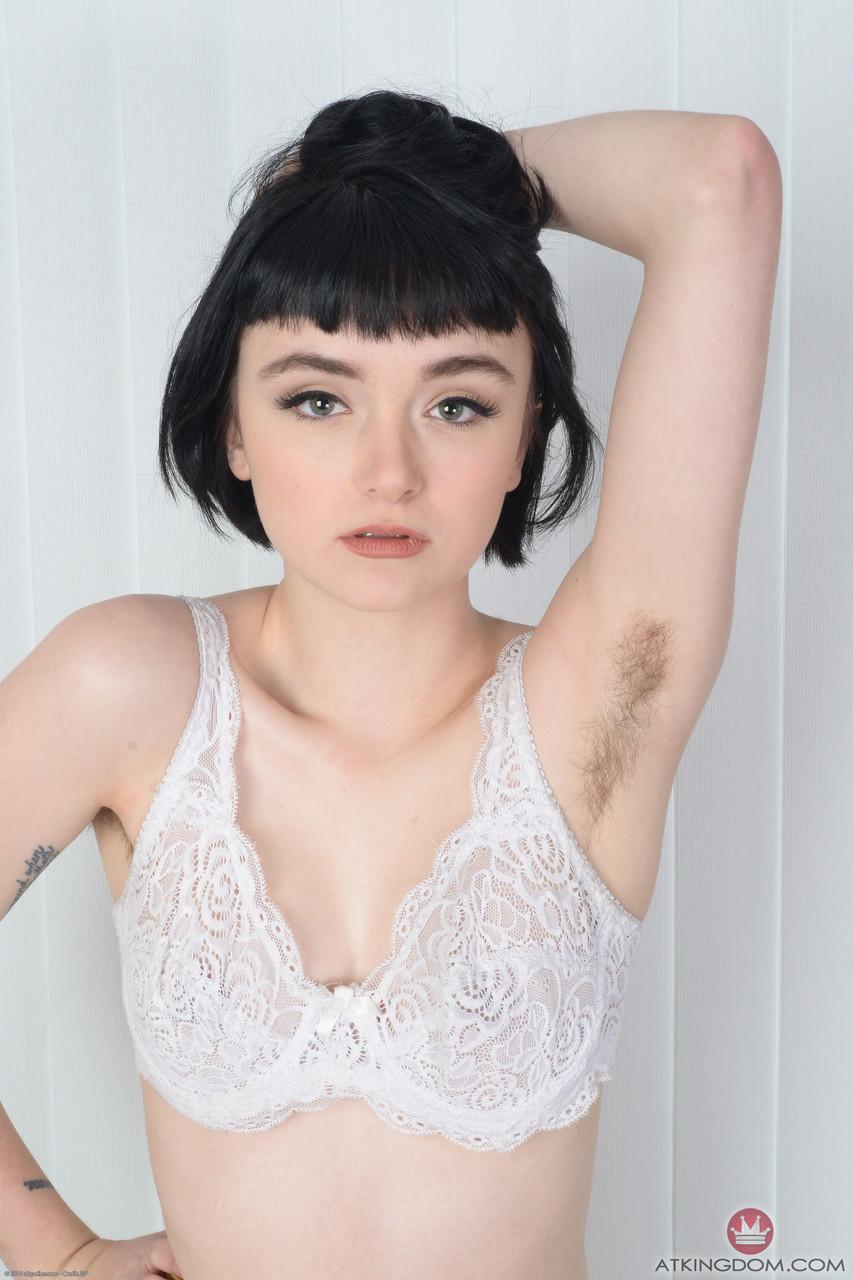 Petite teen with black hair Matilda Bow exposes her hairy armpits and twat(3)