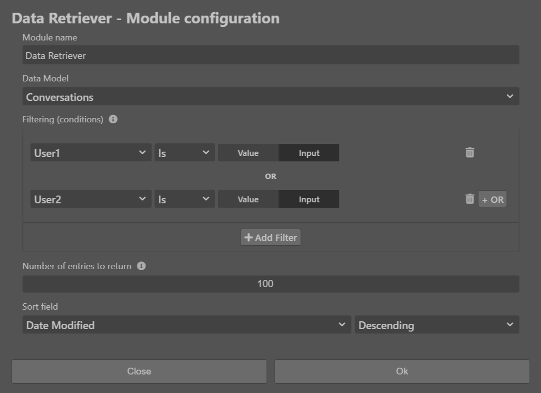 Data Retriever filters for conversations - Sktch.io No-Code Builder