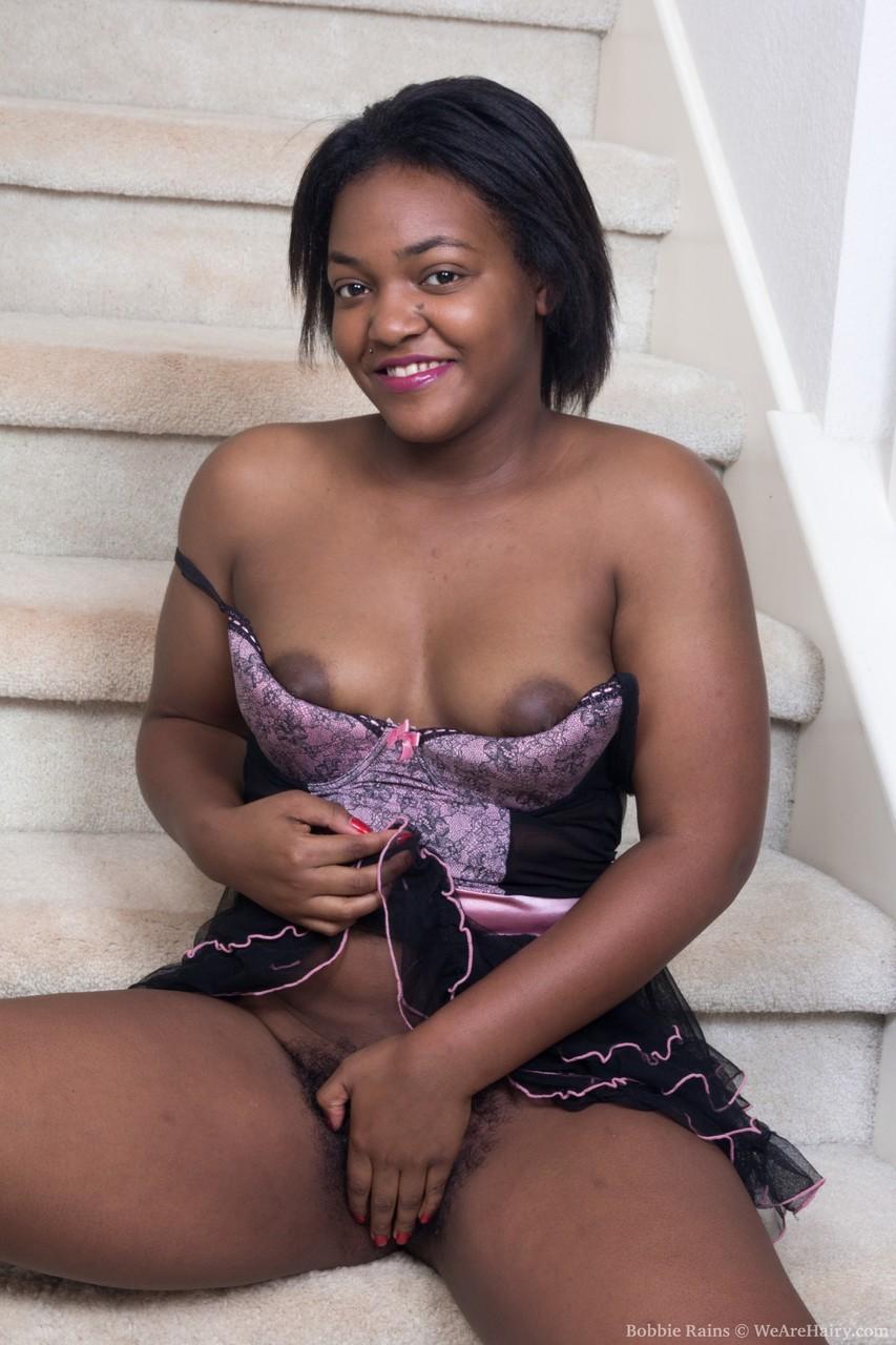 Sexy ebony fatty Bobbie Rains sheds elegant lingerie to show hot hairy snatch(11)