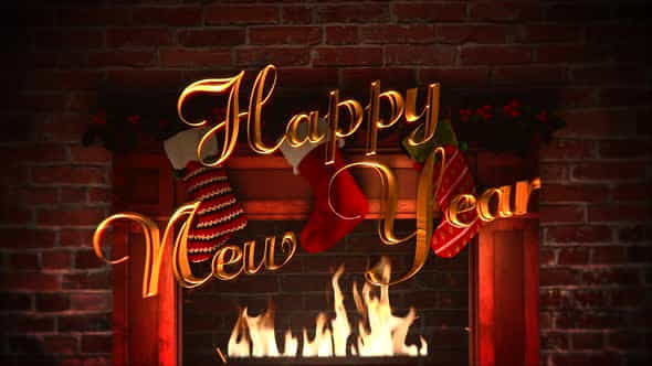 Animated closeup fireplace, gifts in the Christmas socks and Happy New Year text on bricks | Events - VideoHive 29540173