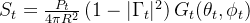 S_t = \frac{P_t}{4 \pi R^2} \left( 1-|\Gamma_t|^2 \right ) G_t (\theta_t, \phi_t)