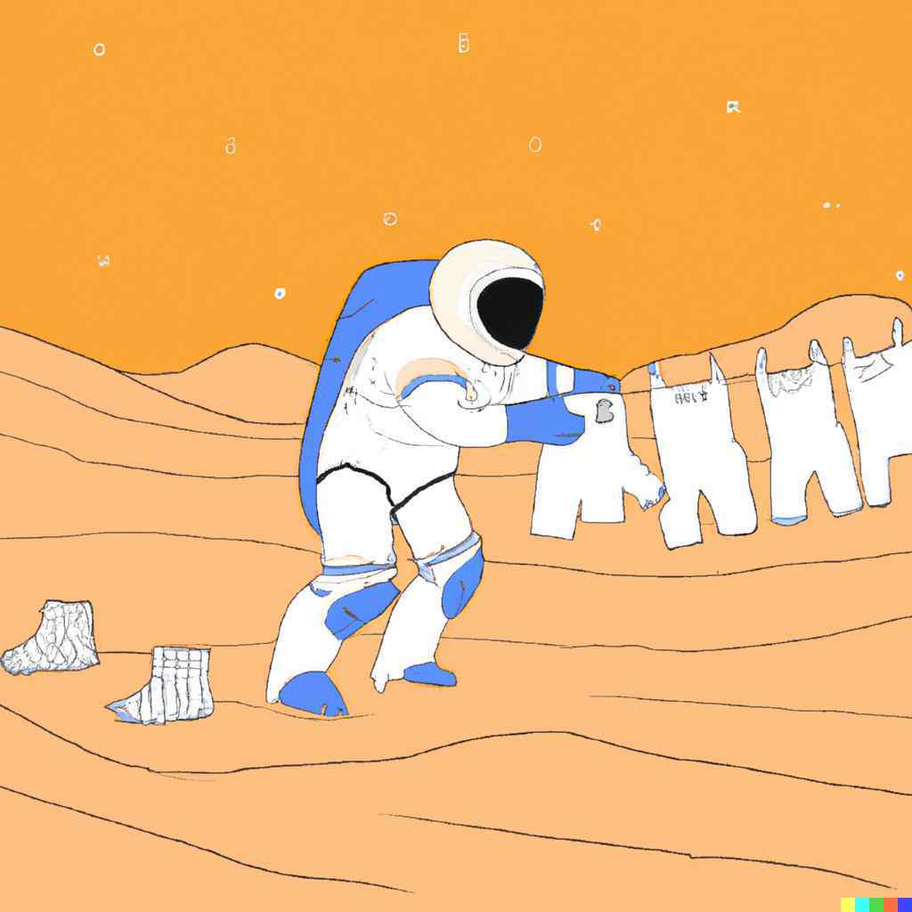an astronaut doing laundry in the desert