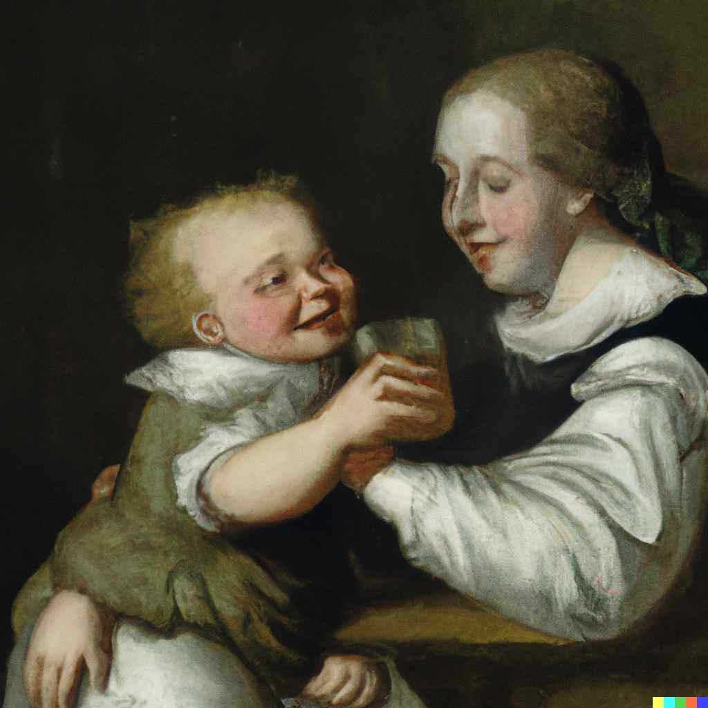 a 17th century painting of a toddler feeding its parent beer