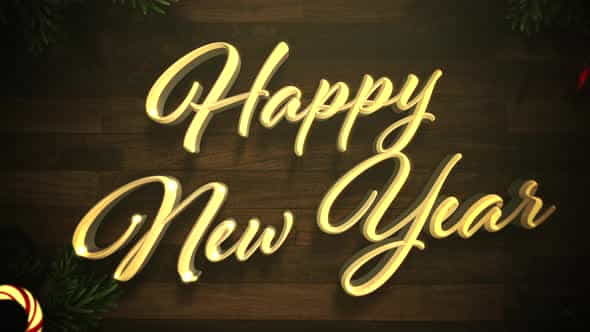 Animated closeup Happy New Year text, colorful garland and Christmas green tree branches on wood | Events - VideoHive 29319202