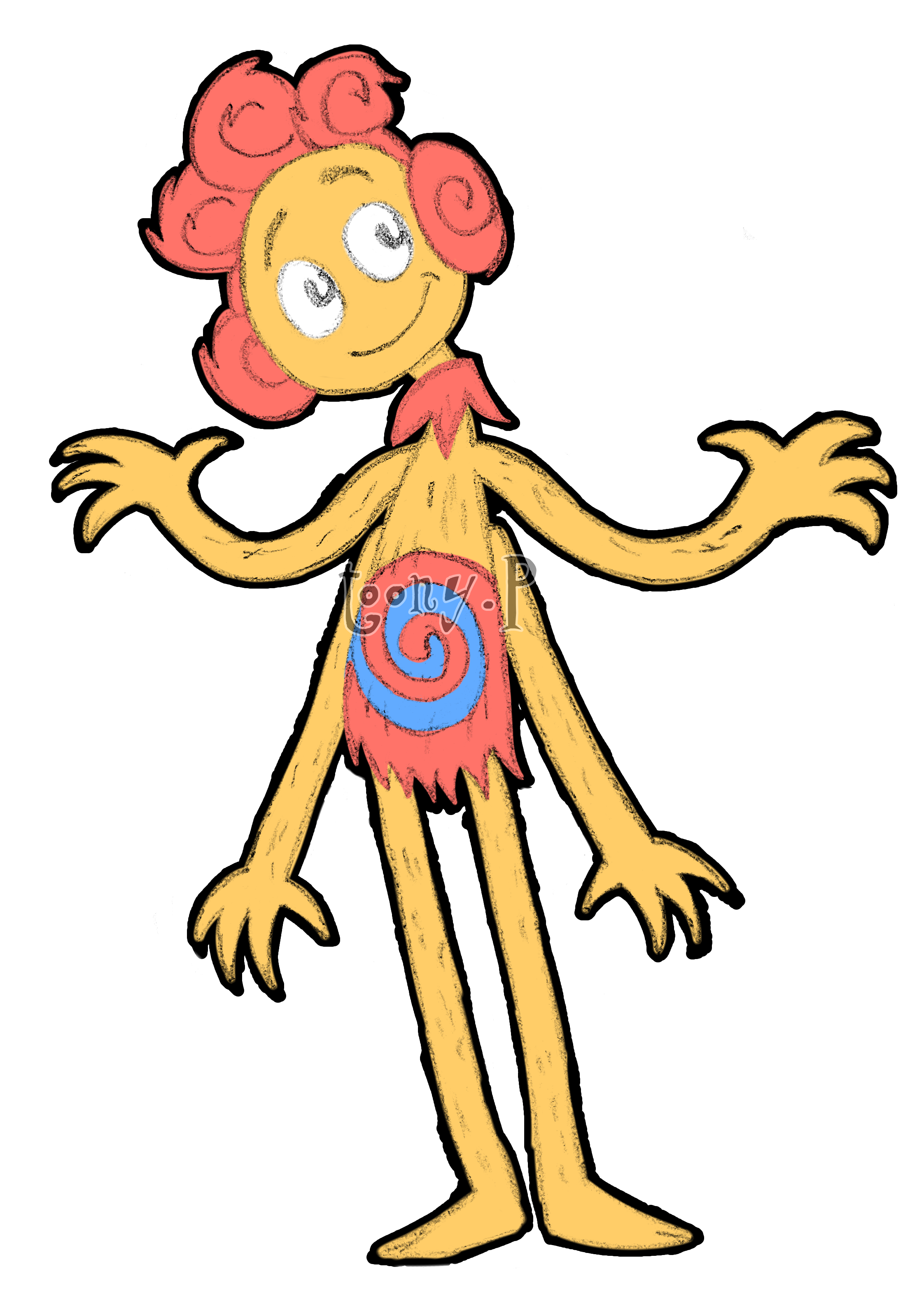colored sketch artwork of a dr. seuss style creature. they are standing on two legs. they are furry, with red hair, a red neck ruffle, two pairs of arms, and a blue and red swirl on their stomach.