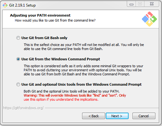 screenshot of Git For Windows installation options for setting the PATH