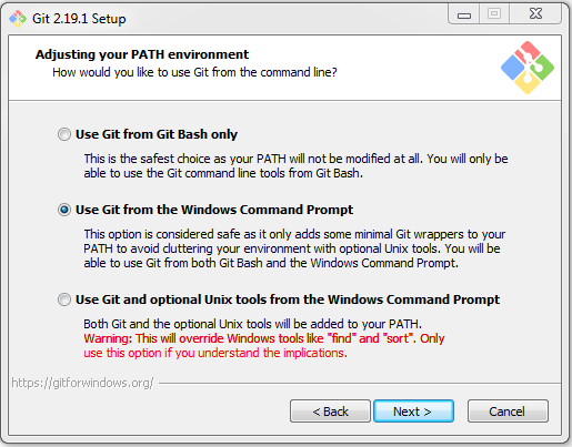 用于设置 PATH 的 Git For Windows 安装选项的屏幕截图