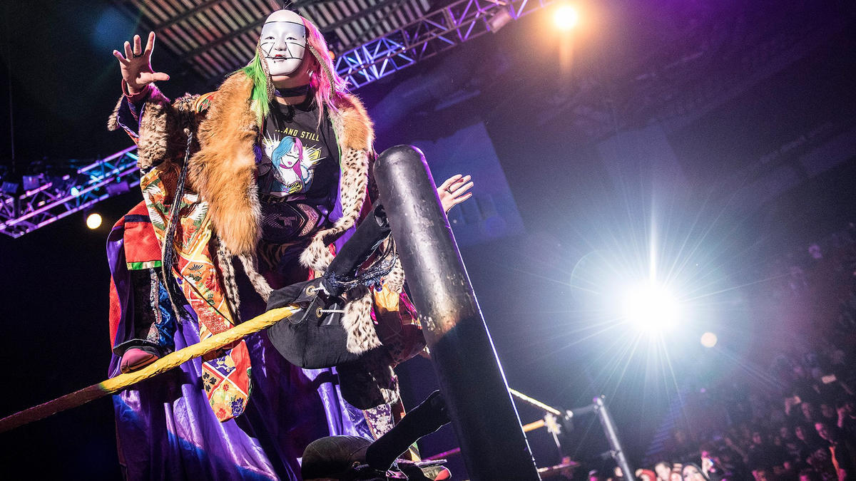 pro wrestler Asuka standing at the corner of a wrestling ring, reaching over towards the camera