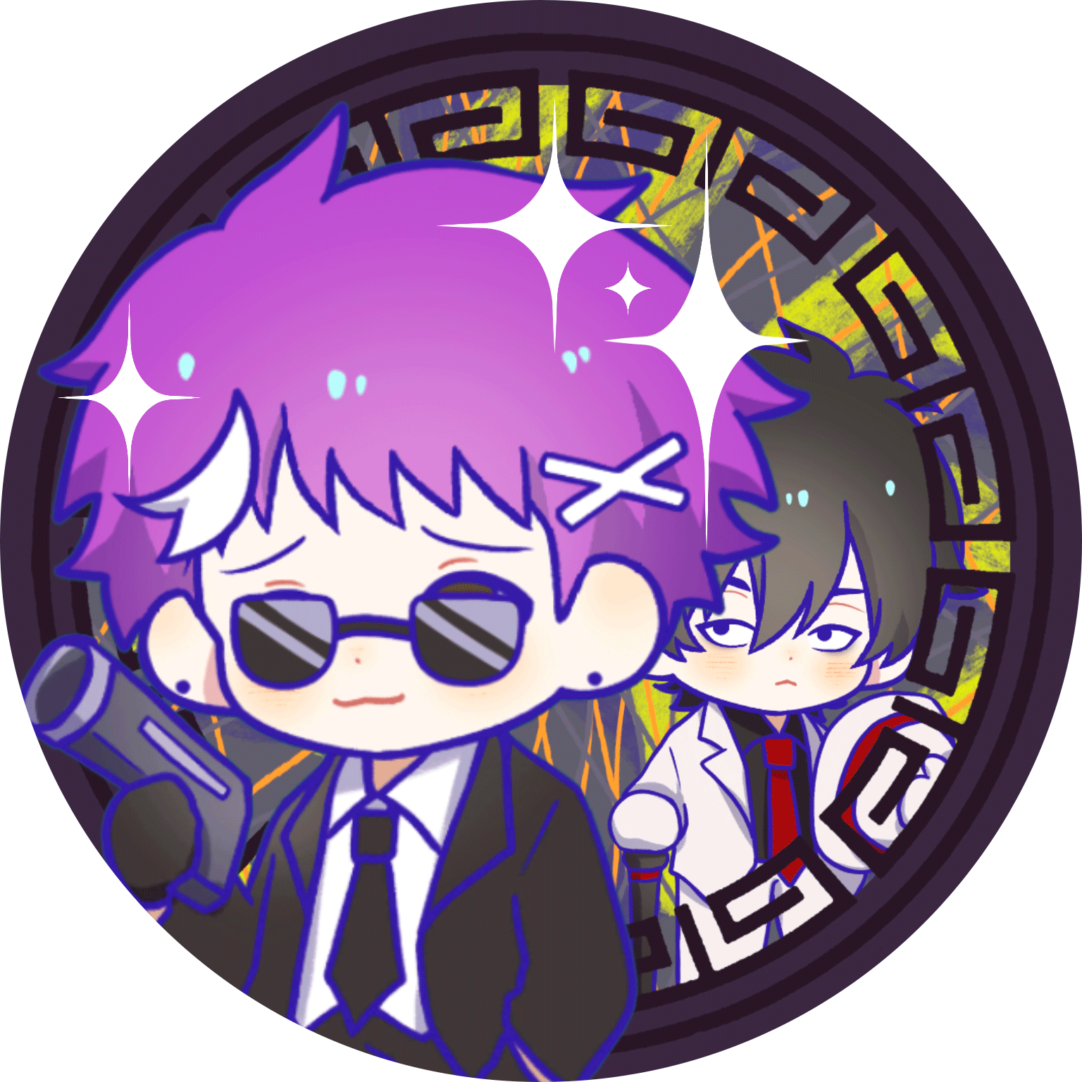 A can badge of Fukita and Kazu as hitman and boss.