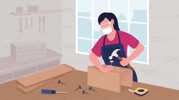 Female Cabinetmaker Driving Nails With Hammer Flat Color Animated Illustration - VideoHive 39472677