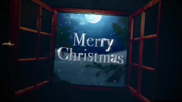 Animated closeup Merry Christmas text with open window, away mountains and moon landscape | Events - VideoHive 29540157