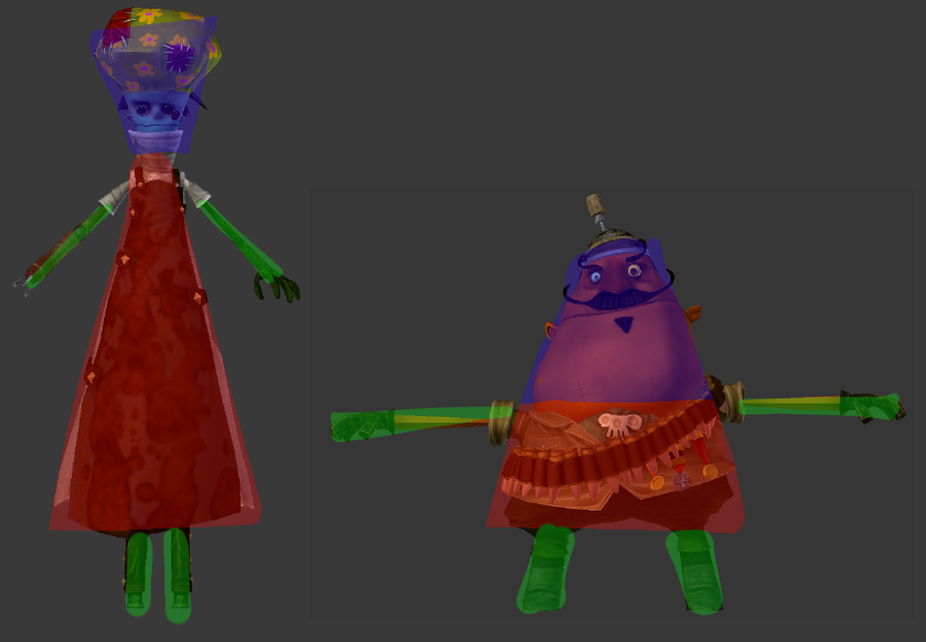 an image that compares both dr loboto's and coach oleander's 3d models, with blue, green and red highlights on their bodies